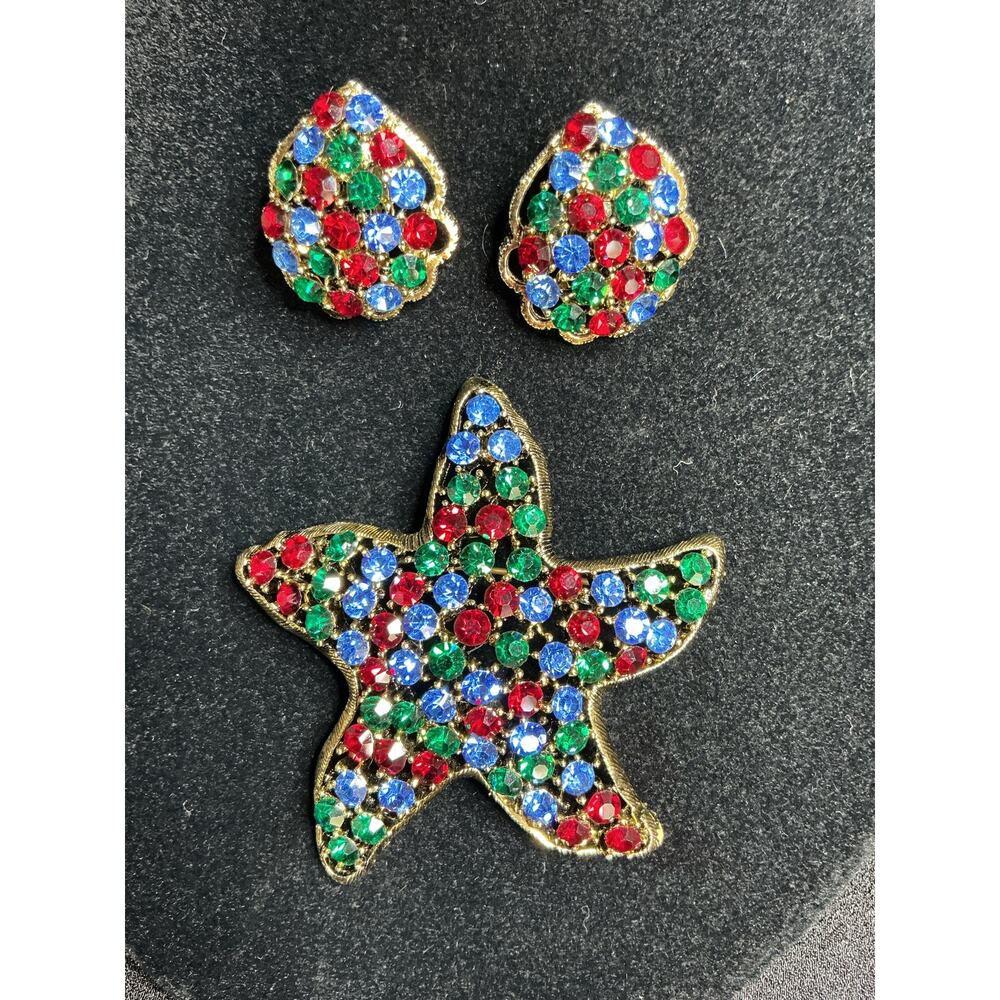 Vintage Albert Weiss Multi Colored Rhinestone Starfisg Pin and Oval Earrings